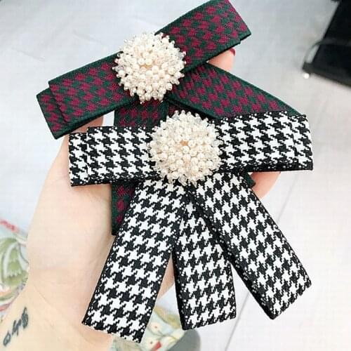 Korean Simple Vintage Houndstooth Imitation Pearl Bow Tie For Women Fashion Clothes Accessories