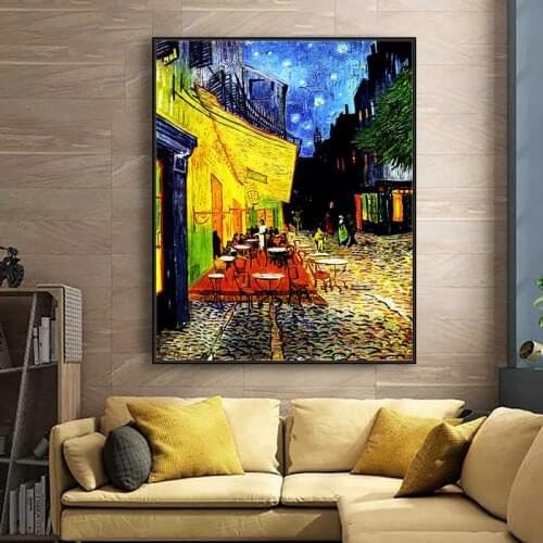 Famous Van Gogh Cafe Terrace At Night Oil Painting on Canvas Posters and Prints Wall Art Picture for Living Room Home Decoration
