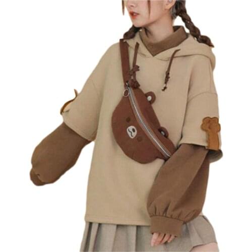 Kawaii Bear Print Bags Hoodies Oversized Sweatshirts Women Tee Girls Harajuku Brown Bear Coat Jumper Outerwear Autumn Sudaderas