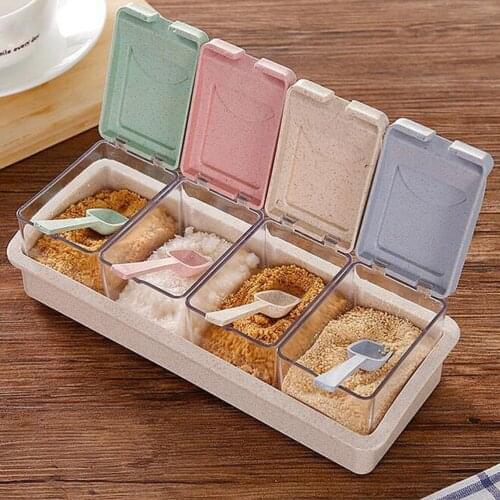 Seasoning Storage Box Wheat Straw with Spoon 4-compartment Spice Box Storage Container Condiment Jars for Spice Sugar Salt