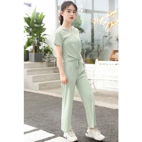 Summer Two Piece Set Women Short Sleeve ONeck Zipper Casual T Shirt+Loose Wide Leg Pants Matching Sets Stretchy Outfit Mom Child