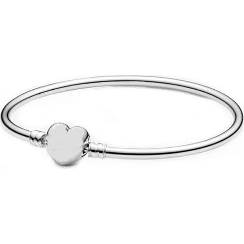 MOMENTS Sterling Silver Bangle with Logo Heart 100% Real 925 Sterling Silver Heart Bracelet Fit Original Charms Diy Jewelry