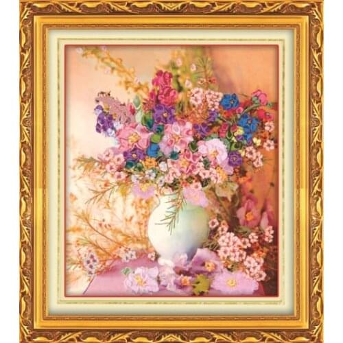3D rose flower vase Ribbon embroidery oil painting set floral kits handcraft cross-stitch DIY handmade needlework wall art decor