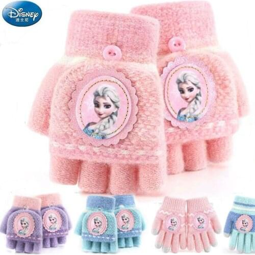 1 pair 2019 Genuine Disney Frozen2 Cartoon Girls Gloves Elsa Anna Five Fingers Half Finger Winter Keep Warm girl Christmas gift