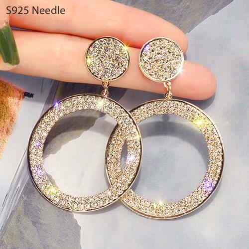 925 Sterling Silver Needle Long Dangle Drop Earrings for Women Jewelry Gold Shining Rhinestone Statement Female Earrings