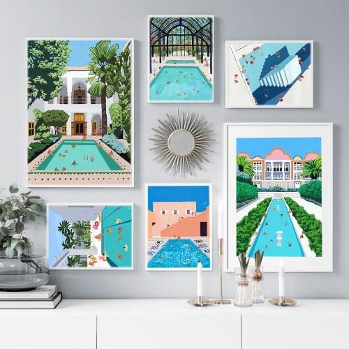 Nordic Abstract Swimming Pool Cartoon Wall Art Prints Picture Vacation Oasis Pool Canvas Painting Poster Living Room Home Decor