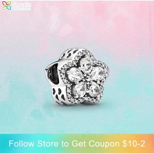 Smuxin 925 Sterling Silver Bead Silver Sparkling Snowflake Pavé Charm fit Original Pandora Bracelets Women Jewelry Making Gift
