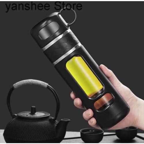 Double wall glass water bottle, filter tea set, separate tea cup, travel cup, coffee beverage, transparent, 520ml