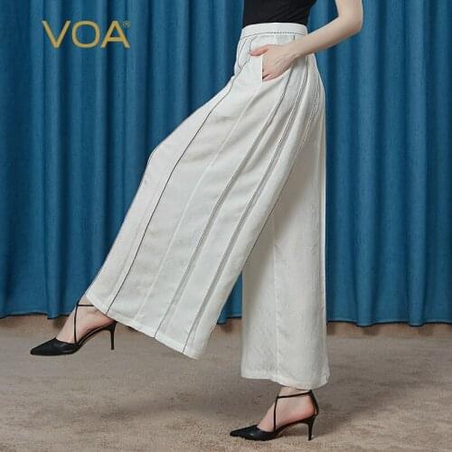 VOA Silk Dark-grain Jacquard 22M/m Mid-waist Black Thread Embroidered Trim and Jersey Pleated Original White Skirt Pants KE10