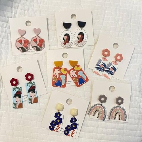 AOMU S925 Retro Colorful Acrylic Rectangle Flower Earrings Irregular Geometric Painting Portrait Drop Earrings for Women Jewelry