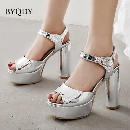 BYQDY 2021 Fashion Platform Woman Pumps High Heels Open Peep Toe Mirror Patent Leather Ankle Strap High Heels Party Shoes Plus