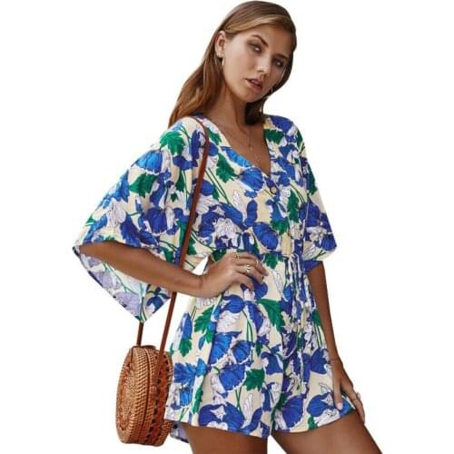 Sexy V neck lace up floral print women jumpsuits Elegant flare sleeve chiffon playsuits Holiday beach ladies rompers CL314