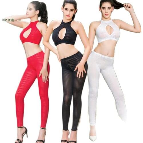 Women Two-Piece Suit Pantsuit Open Crotch Pants Hollow Out Short Vest Halter Top See-Through Crotchless Vertical Stripes Legging