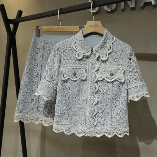 Summer Women Lace Two Piece Set Fashion Runway Lapel Collar Hook Flower Shirt Tops And High Waist A Line Mini Skirts Suit