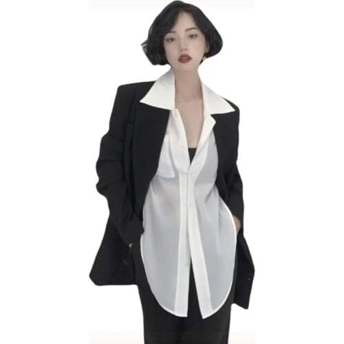 Temperament Vintage Long Sleeve Ladies Black Suit Coat Blazers for Women Elegant Patchwork Fake Two Loose Jacket Autumn 2021