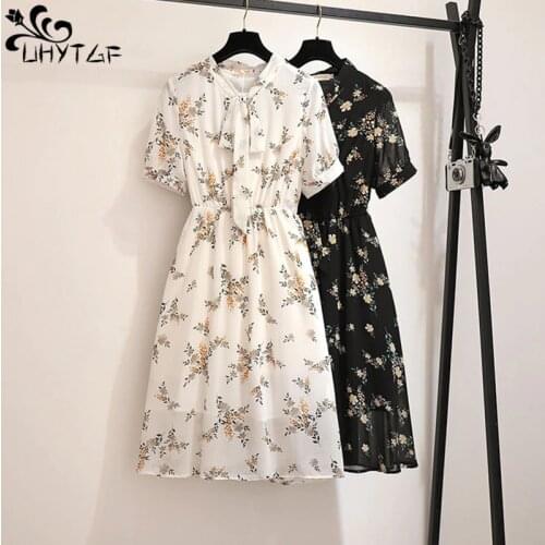 UHYTGF Plus Size Summer Dresses For Women 2021 Oversized Bow Flowers Printed Chiffon Dress Female Vestidos De Mujer Casual 990