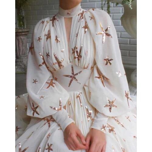 VAZN 2021 Hot Chiffon Holiday High-end chiffon Long Dress Star Flaring Halter Full Sleeve Women Loose Ball Gown Maxi Dress