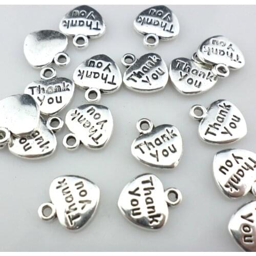 60pcs Tibetan Silver Lettering Heart Flatback Thank you Charms Craft Pendants 10x12mm Jewelry Findings