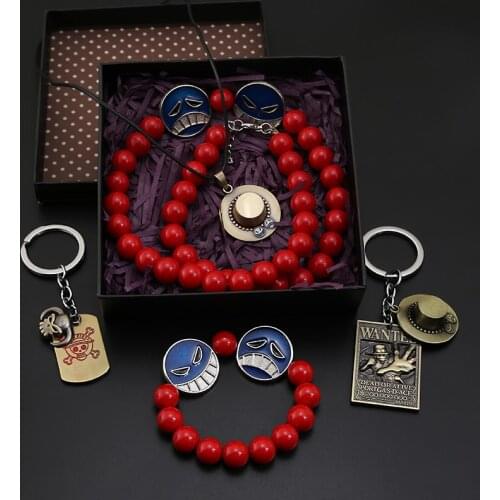Anime One Piece New Set Red Bead Bracelet Keychain Leather Chain Necklace Men Fashion Gift Box Jewelry Cosplay Women Trinket