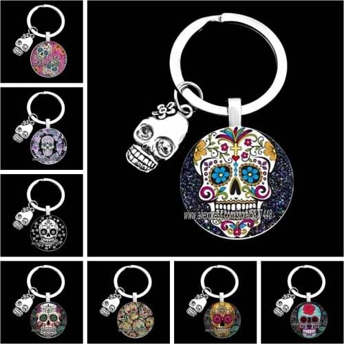 Exquisite Colorful Sugar Skull Pendent Glass Keychain Skeleton and Flower Key Ring for Unisex