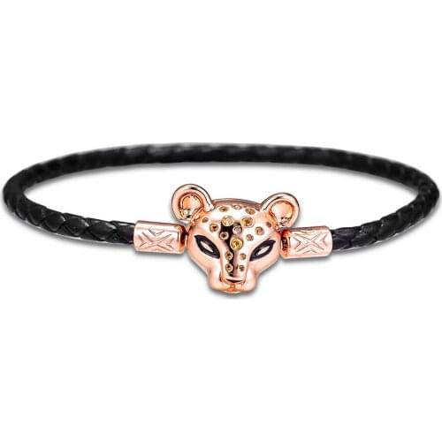 BLACK LEATHER BRACELET WITH ROSE LIONESS CLASP For Woman DIY Beads & Charms Sterling Silver Fashion Jewelry Bracelets