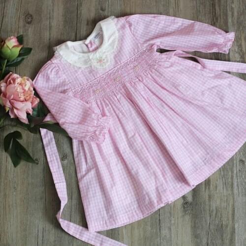 Kids dress baby girls clothes Pink plaid long sleeve baby collar embroidery dress little toddler girls clothes