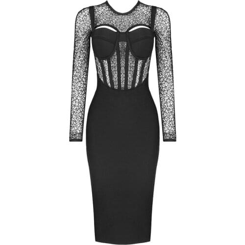 Lace Bandage Dress Long Sleeve O Neck Women Dress Ladies Clothing New Party Club Elegant Celebrity Vestidos