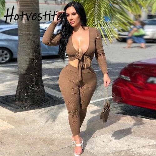 Hotvestita Autumn Woman Sexy Knitted Matching Two Piece Sets Long Sleeve Bandage Bow Crop Top Leggings Pencil Pants Club Outfits