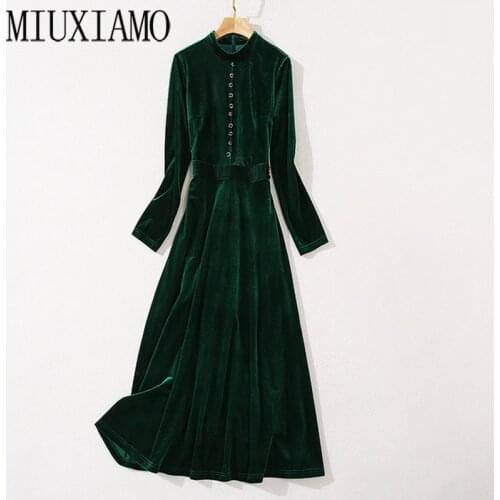 MIUXIMAO 2020 Fall Dress Women Party Green Dress Diamonds Office Lady Casual Long Sleeve Long Dress Women Vestidos With Belt