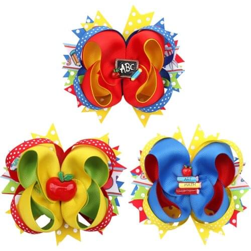 NEW Back To School 5'' Colorful Layered Hair Bows for Girls Hair Clips Cute Dot Ribbons Bowknot Hairgrips Kids Hair Accessories