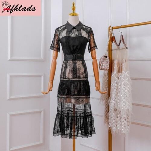 2020 Summer New Turn-Down Collar Black Mesh Patchwork Lace Holiday Short-Sleeved High Waist Pleated Party Vestidos Dress