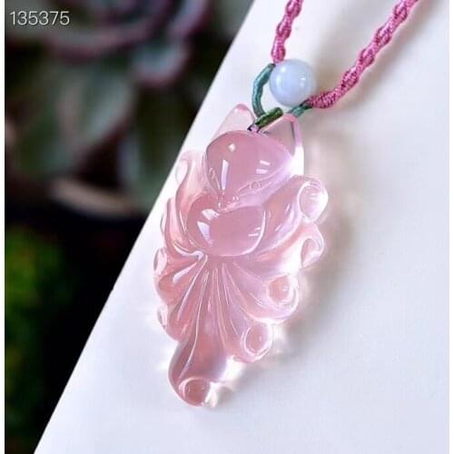 Genuine Natural Pink Rose Quartz Star Light 9 Tails Fox Pendant Necklace 45*25*13mm Women Men Heart Love Jewelry AAAAA