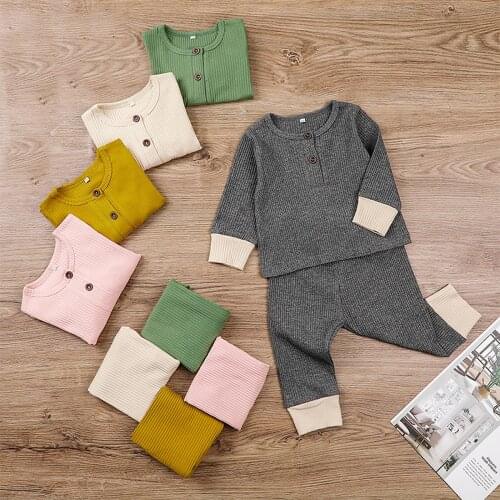 Newborn Baby Boys Girls Pajamas Long Sleeve Knitted Solid Tops+Pants Sleepwear Set Infant Clothing for Babies 3 6 9 12 18 Months