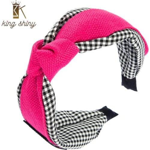 King Shiny Small Fragrant Wind Bowknot Headband for Woman Elegant Twisted Check Wide Lattice Turban Headband Girl Hair Accessory