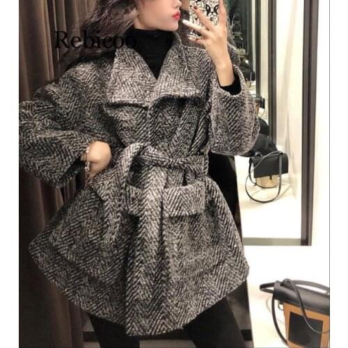 Rebicoo Fashion Winter Wool Coat New Women Casual Thick Velvet Woolen Coats Female Waist-tie Loose Wool Jacket