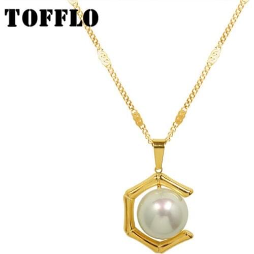 TOFFLO Stainless Steel Jewelry C-Type Bamboo Pearl Pendant Necklace Elegant Female Clavicle chain BSP1040