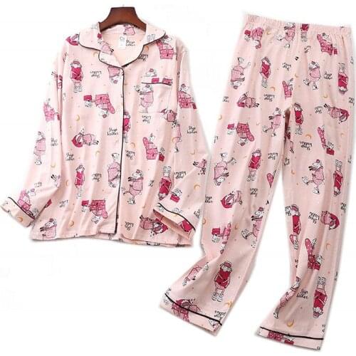 Spring Autumn Women Casual Cartoon Pajama sets Female 100%Cotton Sleepwear suit Women long slee Turn-down collar shirt & Pants