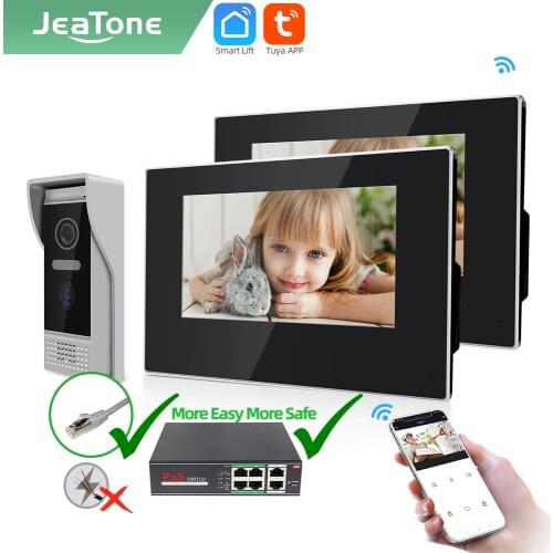Jeatone Tuya smart 7" WIFI Video Intercom with Night Vision Device Camera Motion Detection 2 Monitors & 1 Doorbell 110°/720P/AHD