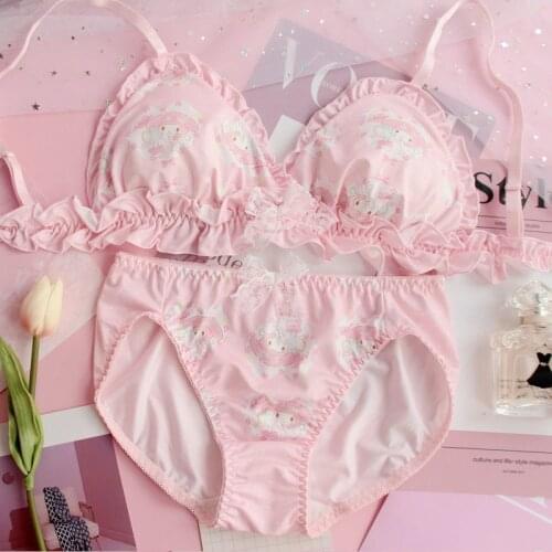Japanese Sexy Kwaii Bow Lingerie Set Cute Pink Anime Pattern Sweet Lace Ruffle Underwear Set No Rims Bra Bra & Panties