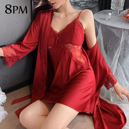 Women Sexy Robe Set Sleepwear Faux Silk Satin Gown Lace Lingerie Nightdress Suit V-Neck Sling Female Homewear Pijama ouc188