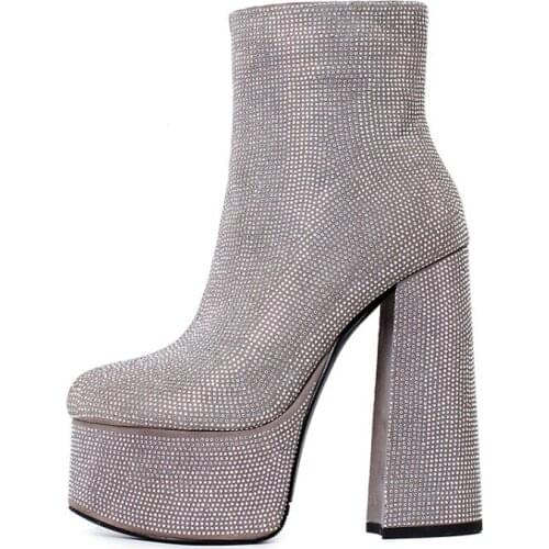 Genuine Leather Rhinestone Platform Ankle Boots New Autumn Womens Shoes Sexy Super High Heel Round Toe Zip Boots Black Silvery