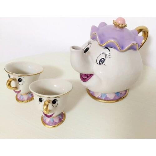 [1 POT + 2 CUPS] Cartoon Beauty And The Beast Tea Set Taza Bela E A Fera Cogsworth Clock Chip Cup Set Lovely Creative Cute Gift