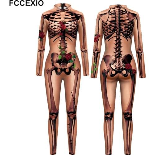 FCCEXIO Adult Cosplay Costume Jumpsuit Skull Carnival Costume Bodysuit Sexy Female Halloween Costume For Women Party Suit