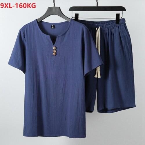 Summer Japan style short sleeve tshirt and shorts Men home loose tees linen casual vintage plus size 8XL 9XL oversize tops blue