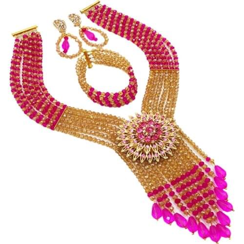 Elegant fuchsia pink and champagne gold ab crystal bead african necklace jewelry set nigerian wedding set 6SDLS-05