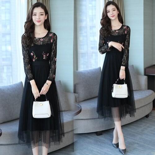 Lace Embroidery Mesh Party Dress Long Sleeve Fashion Elegant Cute Cocktail Embroidered Birthday Slim Casual Dress For Woman Lady