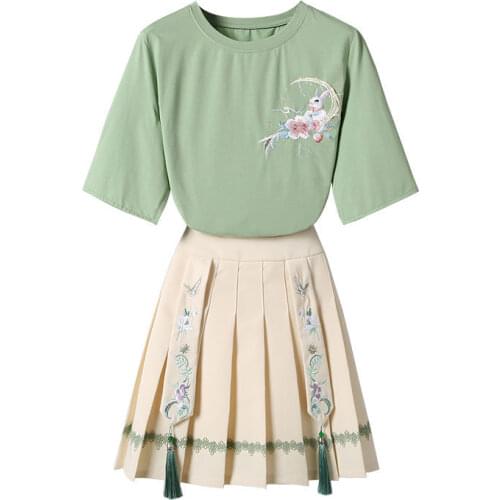 Summer Womens Suit Short Sleeve T-shirt Skirt Chinese Style Improved Fashion Two-piece College Style Sweet Female Clothing