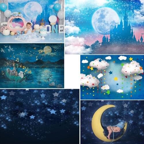 Mocsicka Blue Night Sky Cloud Newborn Photography Backdrop Starry Sky Moon Castle Baby Children Birthday Background Photo Studio