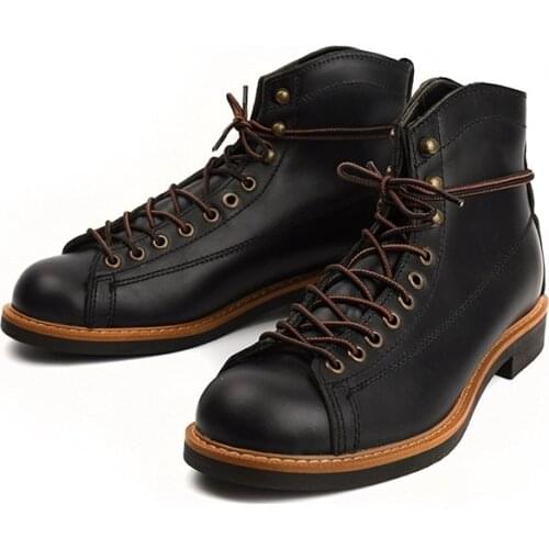 Yomior New Handmade Vintage Men Shoes Tooling British Round Toe Ankle Boot Wings High Quality Motorcycle Boots Black Cow Leather