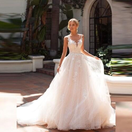 Delicate Modern Lace A Line Sleeveless Bride Wedding Gowns Illusion Jewel Neck Bridal Dresses Sheer Back Appliqued Court Train